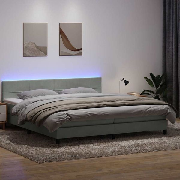 vidaXL Posteľný rám boxsping s matracom a LED bledosivý 180x210 cm zamat