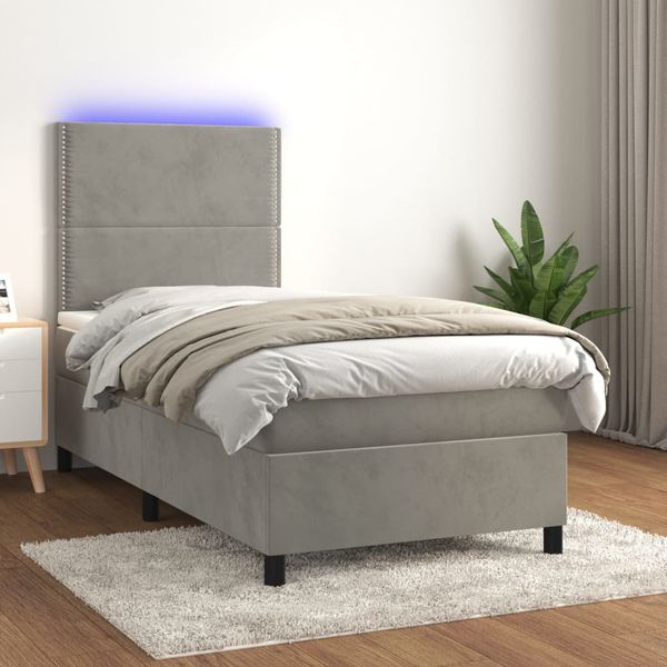 vidaXL Posteľ boxsping s matracom a LED bledosivá 90x200 cm zamat