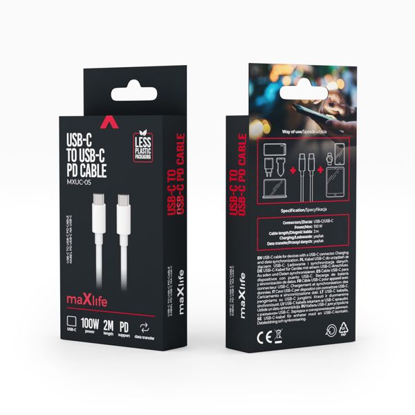Maxlife MXUC-05 kábel USB-C - USB-C 2,0 m 100W biely (OEM0101023)