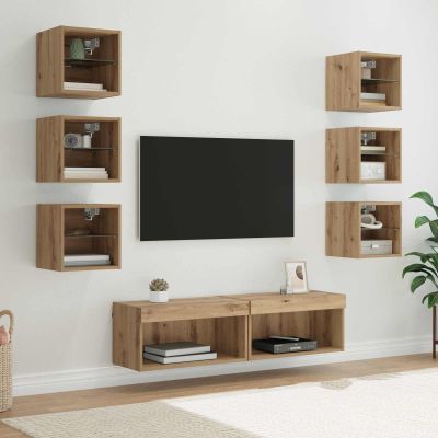 vidaXL TV skrinka so svetlami LED diódy 8 pcs Remeselný dub Sklo