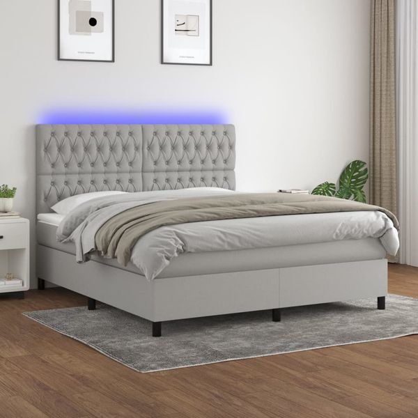 vidaXL Posteľ boxsping s matracom a LED bledosivá 180x200 cm látka