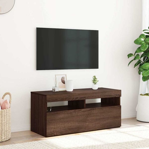 vidaXL TV skrinka s LED svetlami hnedý dub 90x35x40 cm