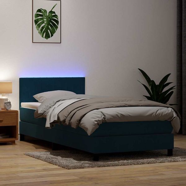 vidaXL Posteľný rám boxsping s matracom a LED tmavomodrý 80x220 cm zamat
