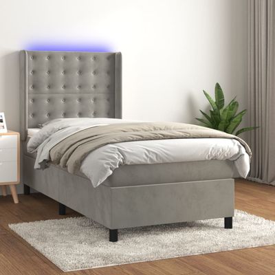 vidaXL Posteľ boxsping s matracom a LED bledosivá 90x190 cm zamat