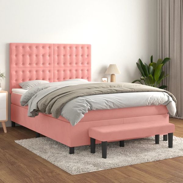vidaXL Posteľný rám boxsping s matracom ružový 140x190 cm zamat