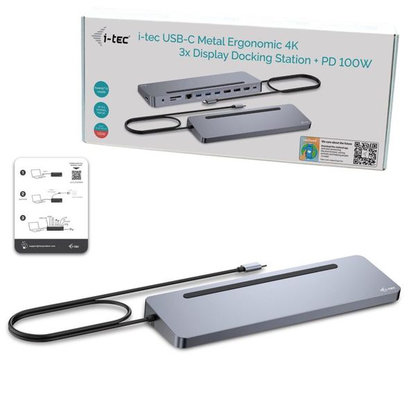 I-tec USB-C Metal Ergonomic 3x 4K Display Docking Station + Power Delivery 100 W Dokovací stanica, 1× Thunderbolt 4, 2× DisplayPort, 1× HDMI, 1× RJ-45, 4× USB 3.0, 3,5mm jack, čtečka SD/microSD