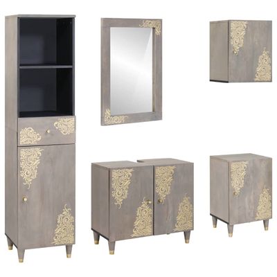 vidaXL Set kabinetov do kúpeľne 5 pcs Sivá Masívne mango drevo