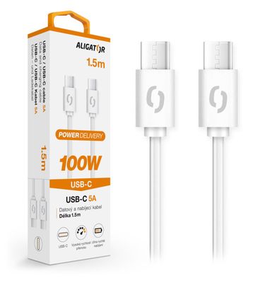 Dátový kábel ALIGATOR POWER 100W, USB-C/USB-C 5A, 1,5m biely