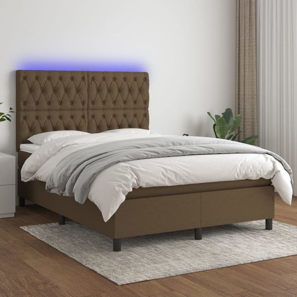 vidaXL Posteľ boxsping s matracom a LED tmavohnedá 140x200 cm látka