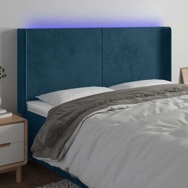 vidaXL Čelo postele s LED tmavomodré 183x16x118/128 cm zamat