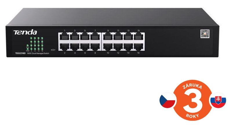 Tenda TEG2216D Websmart L2 cloud managed switch, 16x 10/100/1000 Mbps, Kov, Fanless-bez ventilátorov