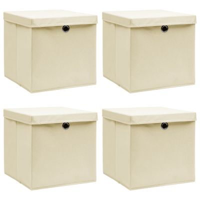 vidaXL Úložné boxy s vekom 4 ks, krémové 32x32x32 cm, látka