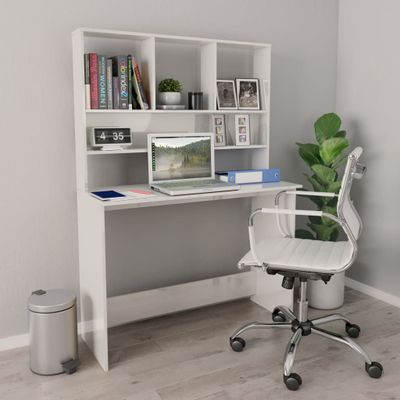 vidaXL Stôl s policami, lesklý biely 110x45x157 cm, kompozitné drevo