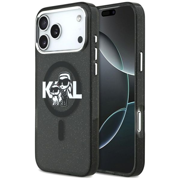 Puzdro Karl Lagerfeld Magsafe IML trblietavé s kovovým rámom fotoaparátu a tlačidlami s motívom Karl a Choupette pre iPhone 17 Pro Max čierne