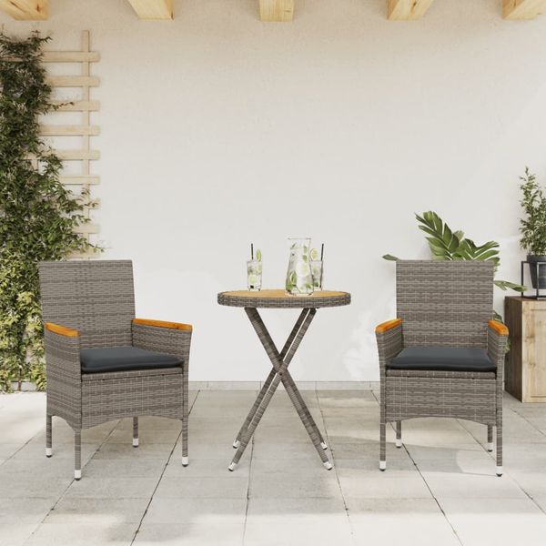 vidaXL 3-dielna bistro súprava s vankúšmi sivá polyratan a akácia