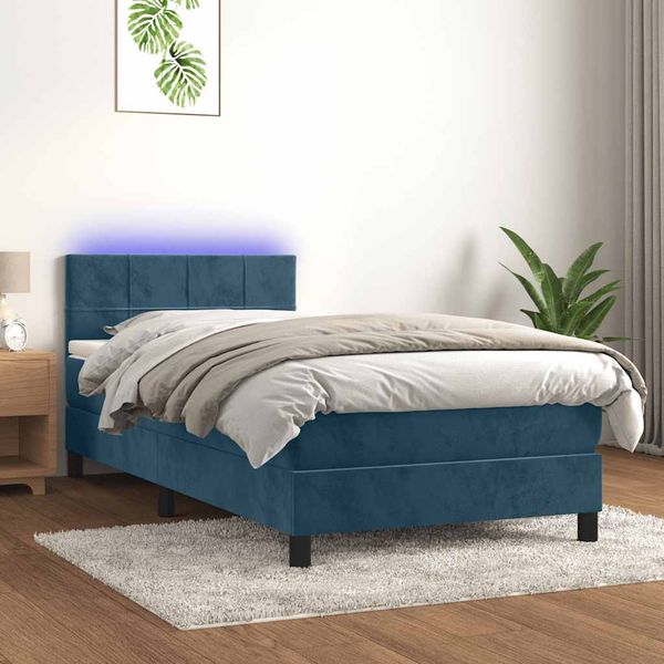 vidaXL Posteľný rám boxsping matrac a LED tmavomodrý 100x200 cm zamat