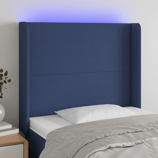 vidaXL Čelo postele s LED modré 93x16x118/128 cm látka