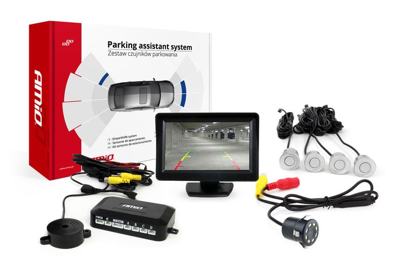 Parkovací asistent 4 senzory strieborné TFT01 4,3 s kamerou night vision CAM-308 LED 18mm