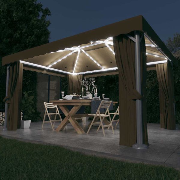 vidaXL Altánok so závesom a LED reťazou 4x3 m, sivohnedý