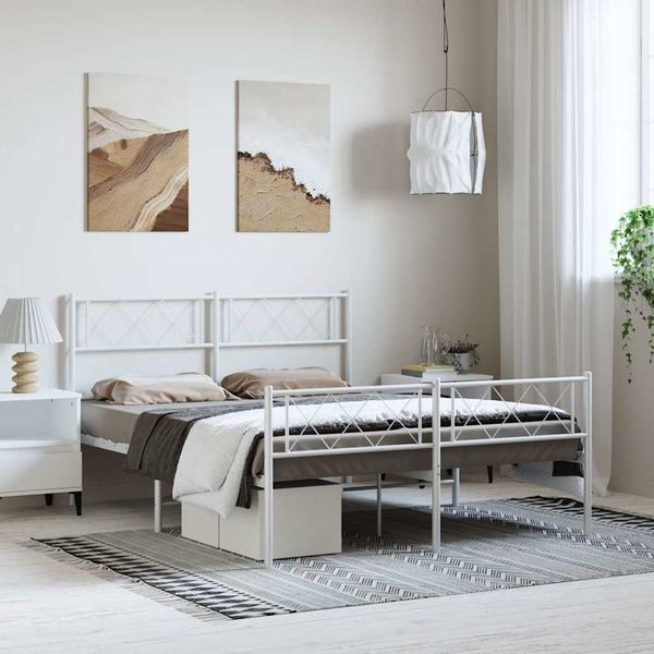 vidaXL Kovový rám postele s čelom a podnožkou biely 135x190 cm