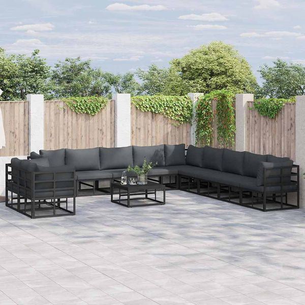 vidaXL Súprava záhradných pohoviek s vankúšom 12 pcs Čierna Hliník