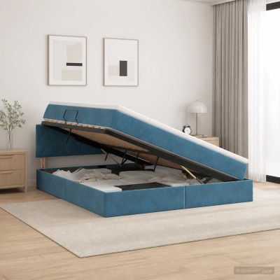vidaXL Úložná posteľ s čelnou doskou Tmavomodrá 180 x 200 cm Zamat