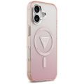 Puzdro Guess Case Magsafe IML Gradient s potlačou trojuholníkového loga a striebornými kovovými tlačidlami fotoaparátu pre iPhone 17 ružové