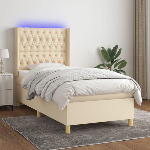 vidaXL Posteľ boxsping s matracom a LED krémová 80x200 cm látka