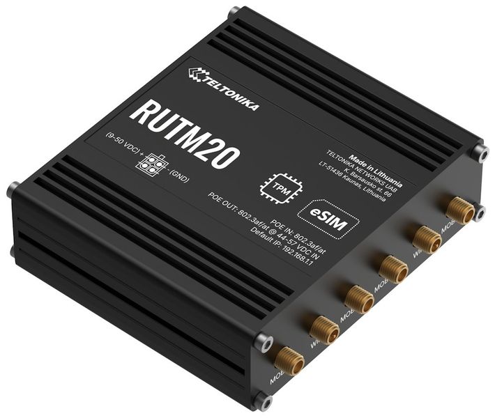 Teltonika RUTM20 průmyslový router   1x LAN, 1x WAN, 1× PoE IN, 1x PoE OUT, 5G Telit global, Dual SIM + eSIM, WiFi 5 5G router, Sub-6GHz SA/NSA, 2,5/3,4 Gbps DL, dual SIM, eSIM, Wi-Fi 5, PoE In/Out, 2× GbE, TPM 2.0, -40 až +75 °C, hliník