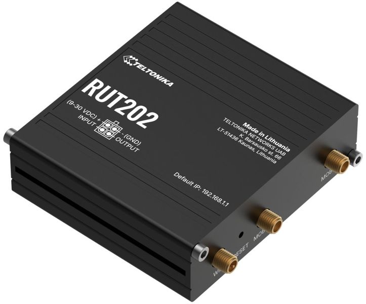 Teltonika RUT202 průmyslový router   1x LAN, 1x WAN, Dual SIM, LTE, Wi-Fi 4 Router, LTE Cat 4, dual SIM, 2× RJ45, Wi-Fi 4, 1× DI/DO, RMS, RutOS, -40 až +75 °C, 9-30 VDC, hliník, 83 × 25 × 83 mm