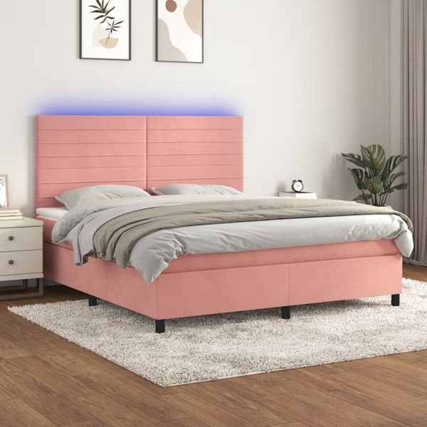 vidaXL Posteľný rám boxsping s matracom a LED ružový 180x200 cm zamat