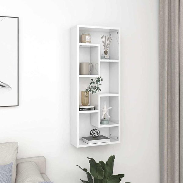 vidaXL Nástenná polica, lesklá biela 36x16x90 cm, kompozitné drevo