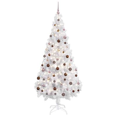 vidaXL Osvetlený umelý vianočný stromček s guľami, biely 180 cm, PVC
