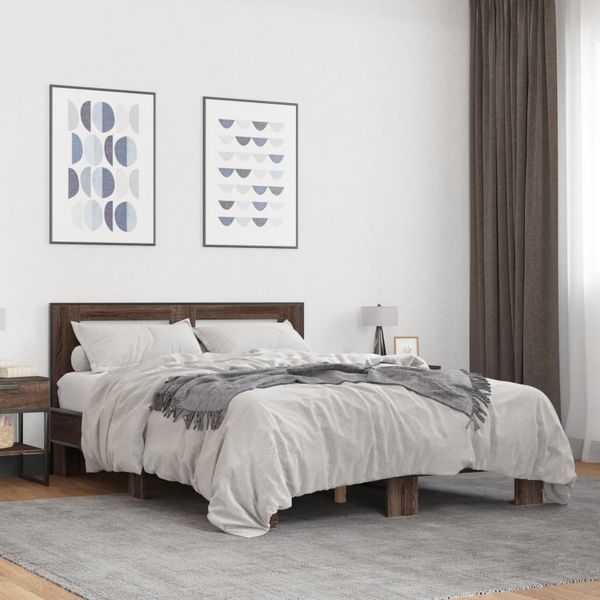 vidaXL Posteľný rám hnedý dub 135x190 cm kompozitné drevo a kov