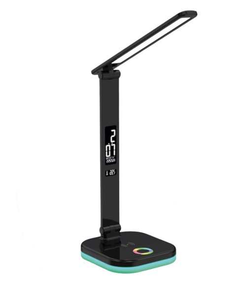 Platinet PDL711RGBB stolná LED lampa stmievateľná, bezdrôtové nabíjanie, hodiny, čierna