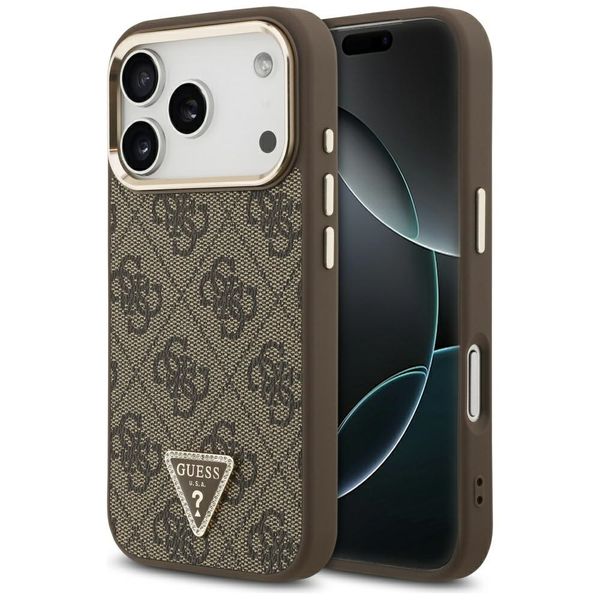 Guess Case Magsafe 4G PU kožené puzdro s trojuholníkovým logom a zlatým kovovým rámom fotoaparátu pre iPhone 17 Pro hnedá