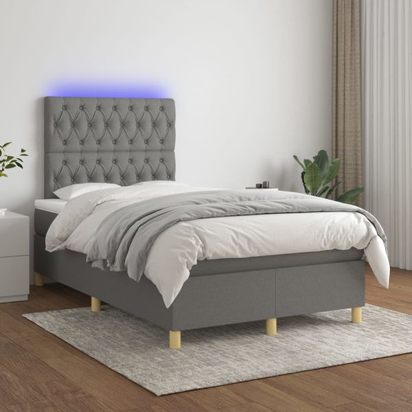 vidaXL Posteľ boxsping s matracom a LED tmavosivá 120x200 cm látka