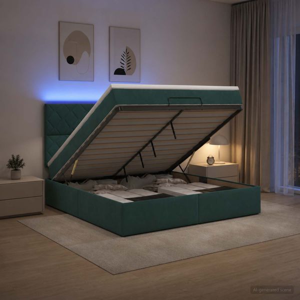 vidaXL Ottoman posteľ s matracom a LED Tmavozelená 140 x 200 cm Zamat