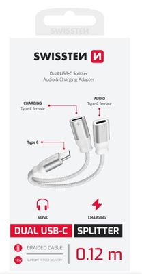 SWISSTEN NABÍJACÍ AUDIO ADAPTÉR TEXTILE USB-C (samec) / 2x USB-C (samica) 0,12 M BIELY