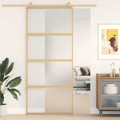 vidaXL Posuvné dvere zlaté 90x205 cm matné ESG sklo a hliník
