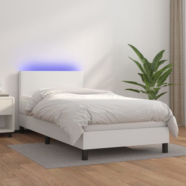 vidaXL Boxspring posteľ s matracom a LED biela 90x190 cm umelá koža
