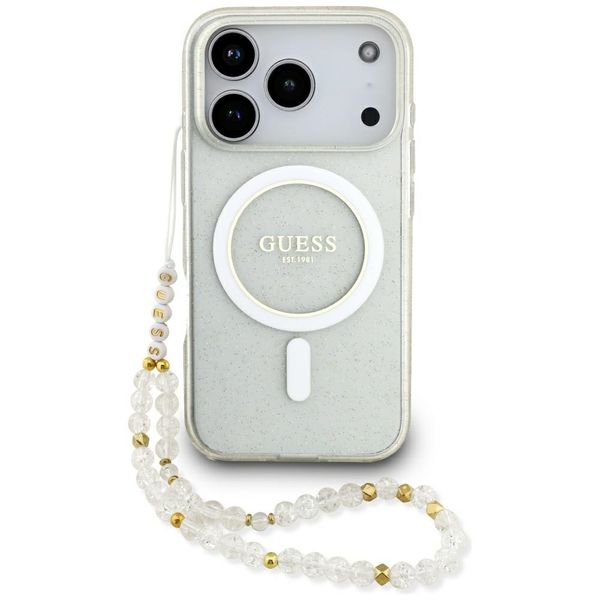 Guess IML Glitter Pearl Strap MagSafe puzdro pre iPhone 17 Pro Max transparentné