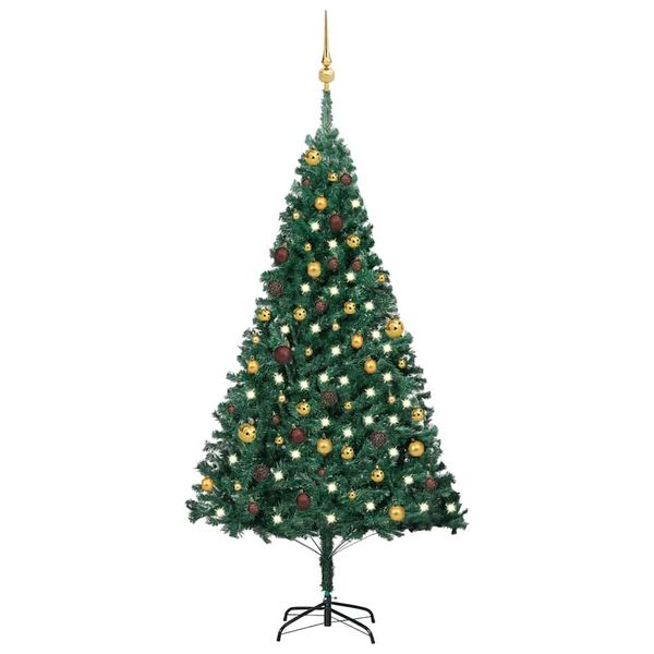 vidaXL Osvetlený umelý vianočný stromček s guľami, zelený 180 cm, PVC