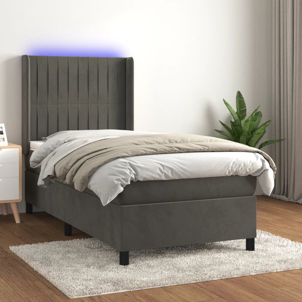 vidaXL Posteľ boxsping s matracom a LED tmavosivá 90x200 cm zamat