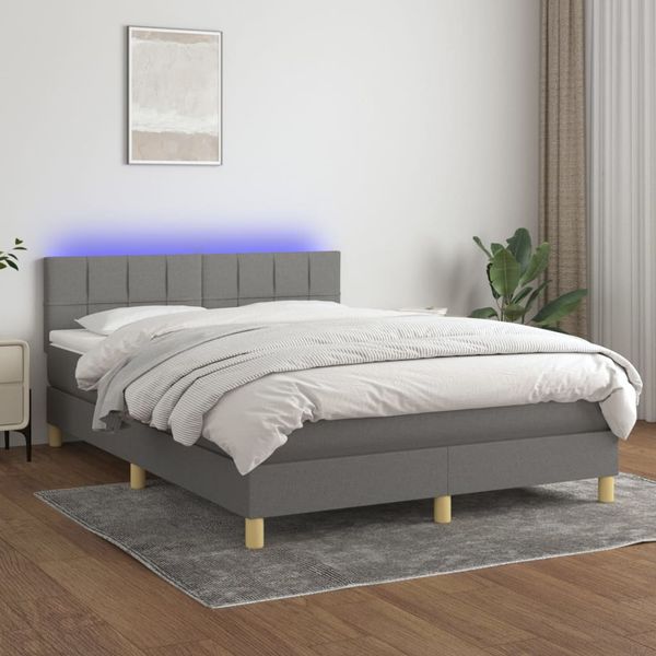 vidaXL Posteľ boxsping s matracom a LED tmavosivá 140x200 cm látka