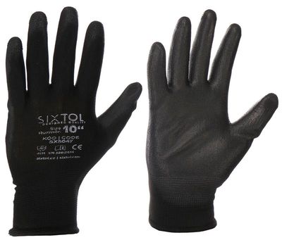 Pracovné rukavice z polyesteru čiastočne máčané v polyuretáne GLOVE PE-PU 10, čierne, veľkosť 10 SIXTOL