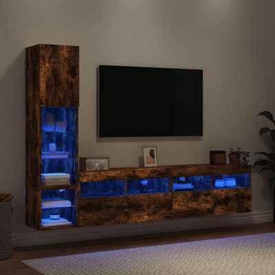 vidaXL 4-dielne TV nástenné skrinky s LED dymový dub kompozitné drevo