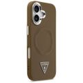 Puzdro Guess Case Magsafe PU Leather s trojuholníkovým logom a strieborným kovovým rámom fotoaparátu pre iPhone 17 hnedá