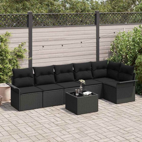 vidaXL Súprava záhradných pohoviek s vankúšom 7 pcs Čierna Poly ratan