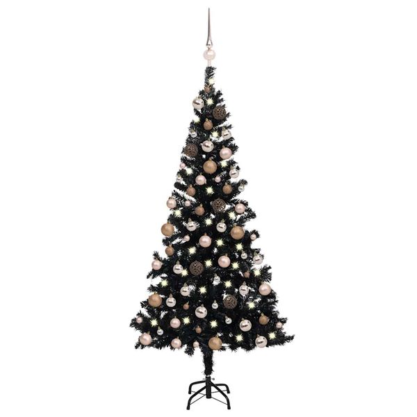 vidaXL Osvetlený umelý vianočný stromček s guľami, čierny 180 cm, PVC